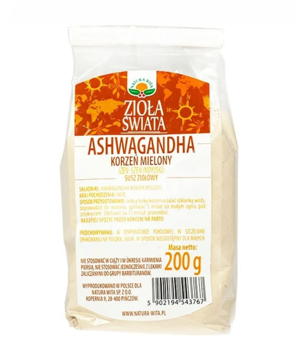 Ashwagandha Korzeń Mielony 200g Natura Wita
