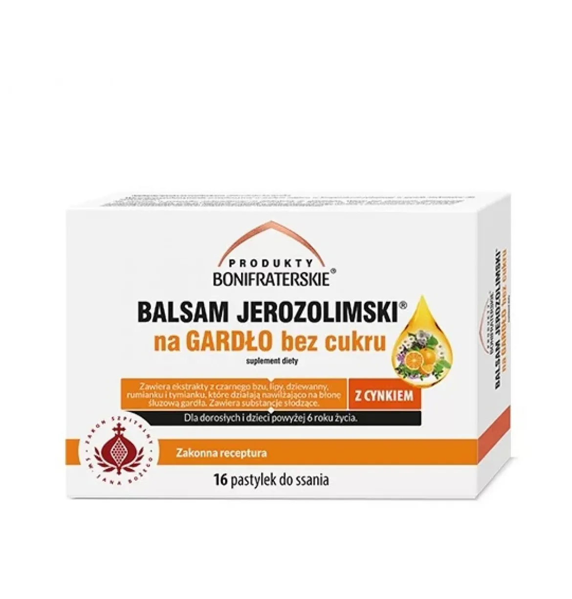 Balsam Jerozolimski na Gardło z cynkiem bez cukru 16 pastylek do ssania Produkty Bonifraterskie