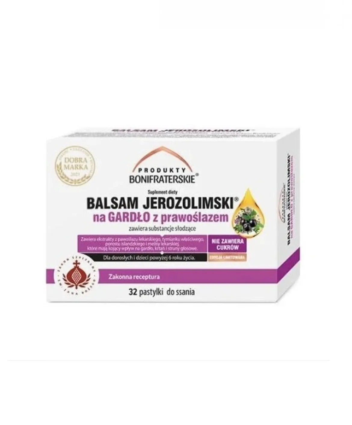 Balsam Jerozolimski Na Gardło z prawoślazem Bez cukru 32 pastylki do ssania Produkty Bonifraterskie