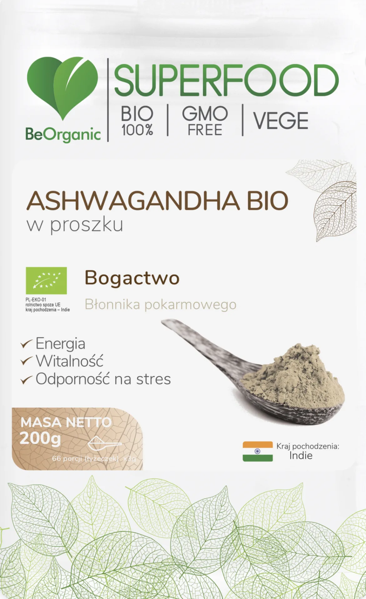 BeOrganic Ashwagandha BIO w proszku 200g Aliness