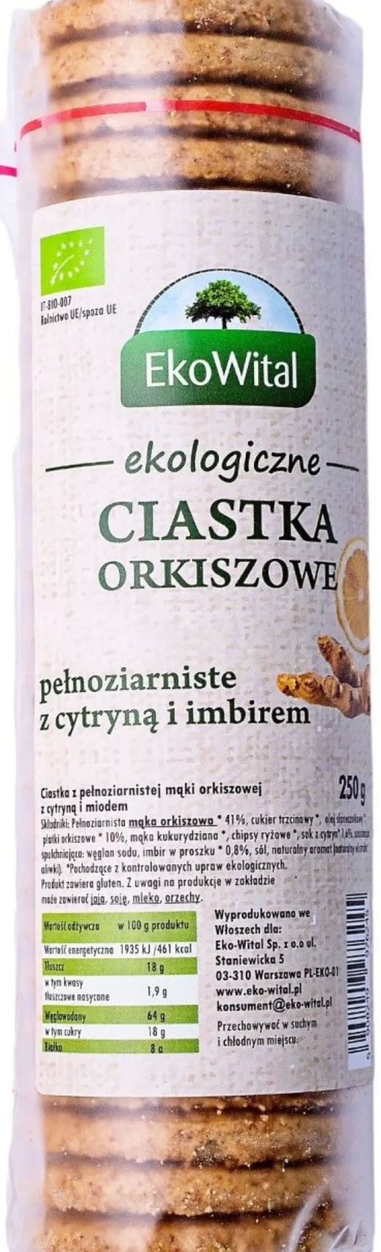Ciastka Orkiszowe Pełnoziarniste z Cytryną i Imbirem BIO 250g EkoWital