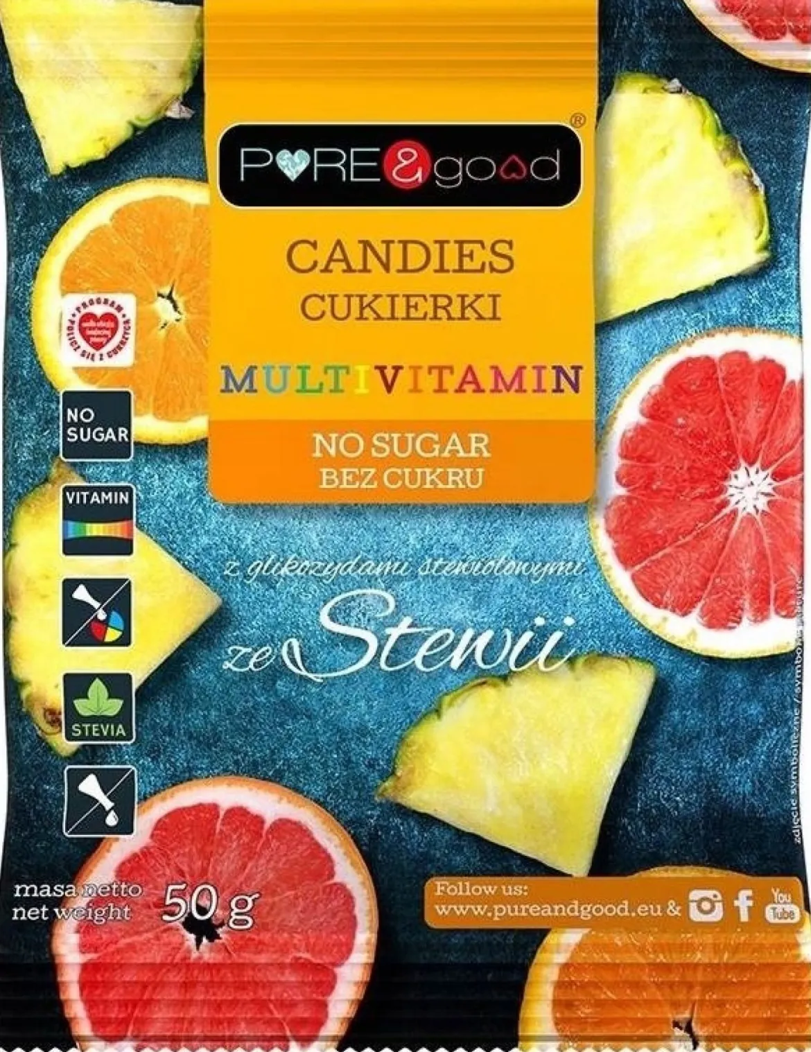Cukierki multivitamin ze stewią bez cukru 50g Pure&Good