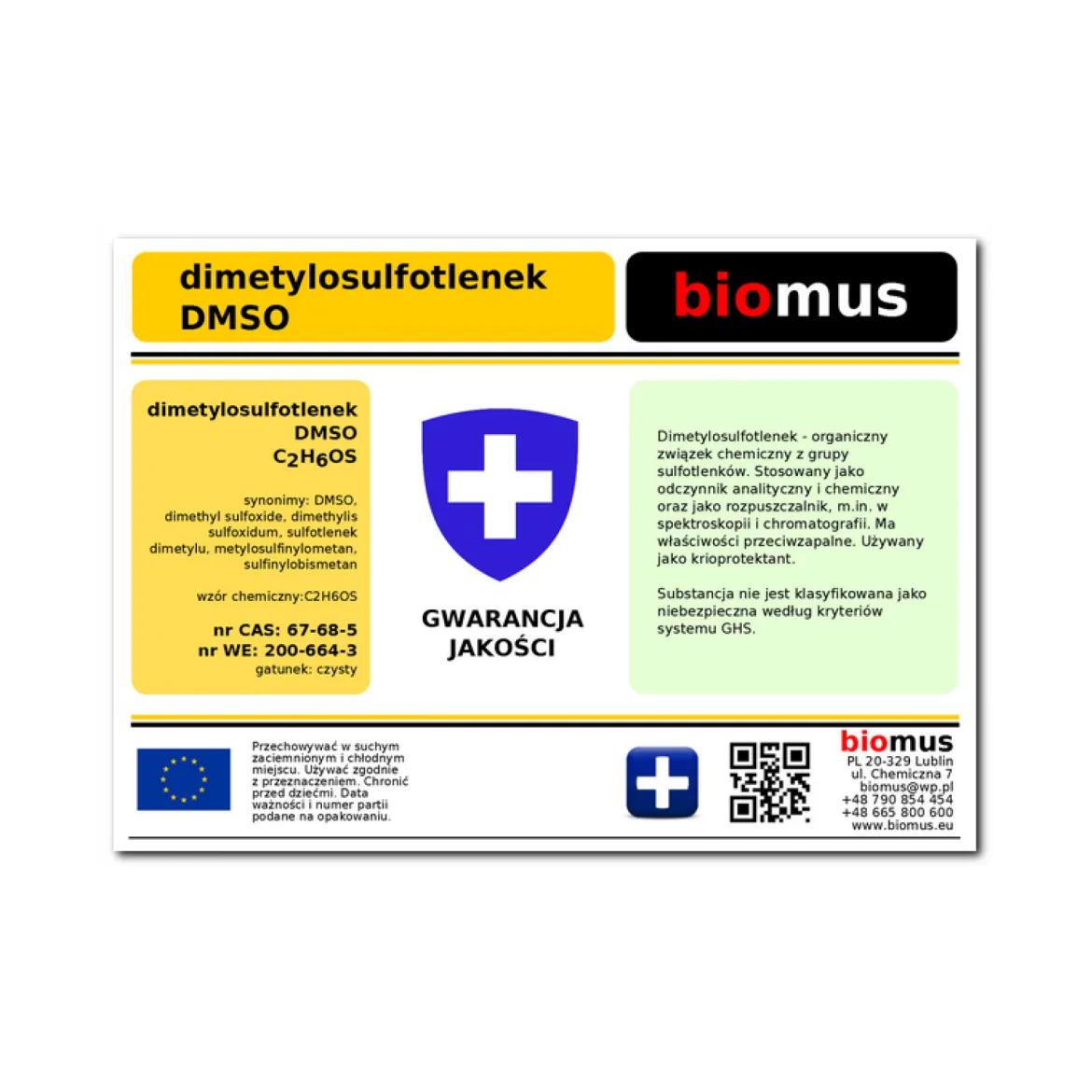 DMSO Dimetylosulfotlenek Szkło 500g Biomus
