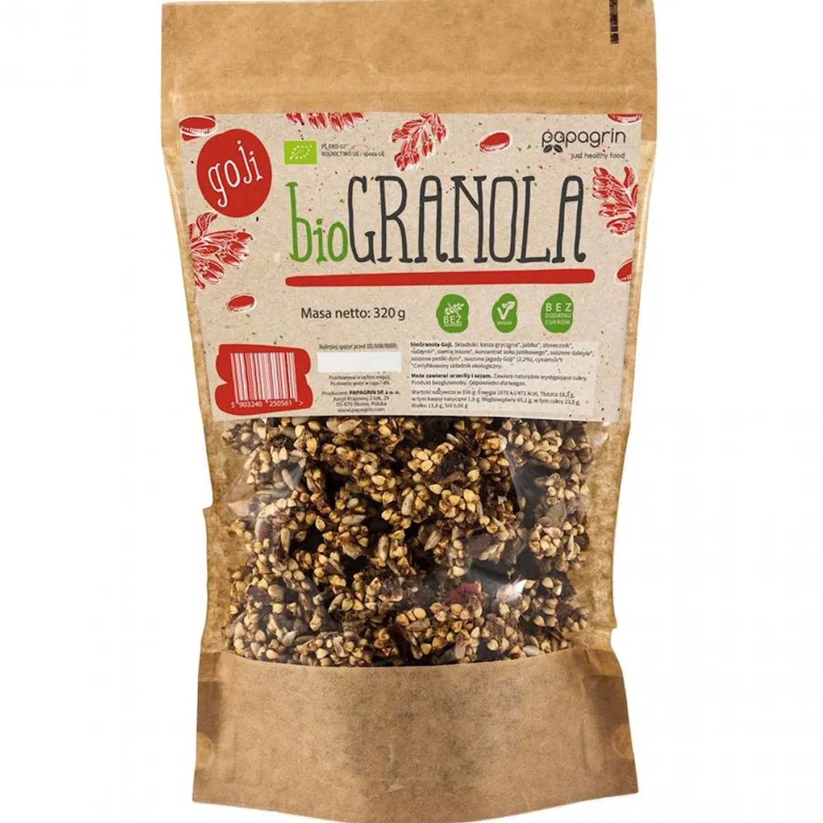 Granola z Goji bez Dodatku Cukrów Bezglutenowa BIO 320g Papagrin