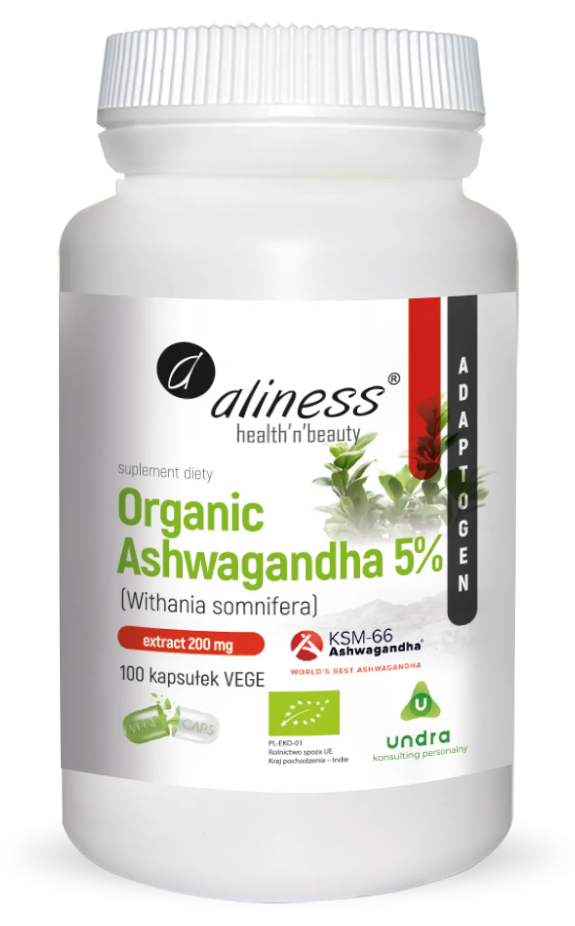 Organic Ashwagandha 200mg 5% 100 Vege caps Aliness